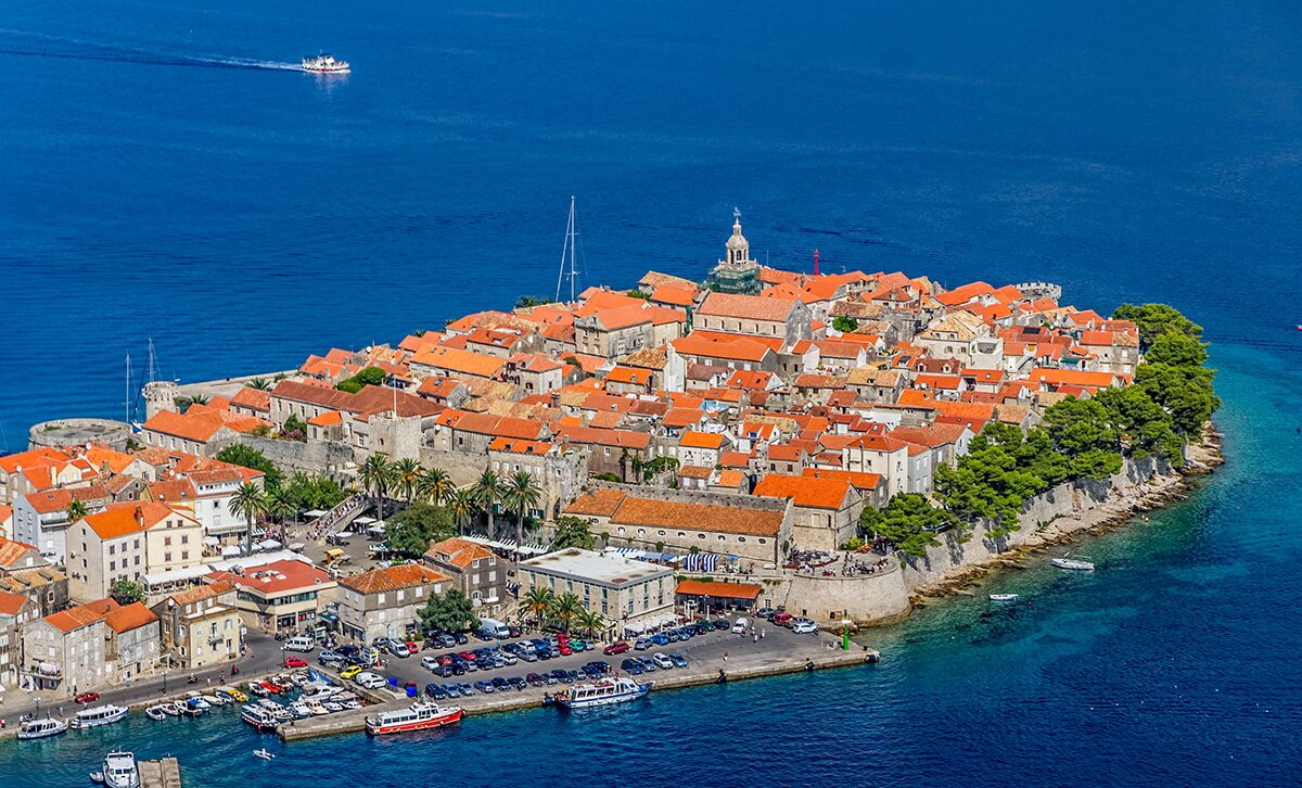 Aerial helicopter shoot of Korcula old town. Dubrovnik archipelago - Elaphites islands